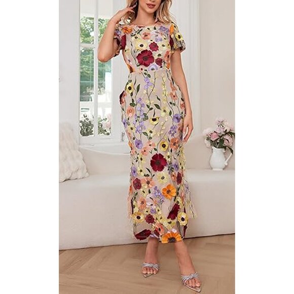 Women's Lace Formal Evening Gown Floral Maxi Dress Party Wedding Long Prom Dress - Picture 2 of 7